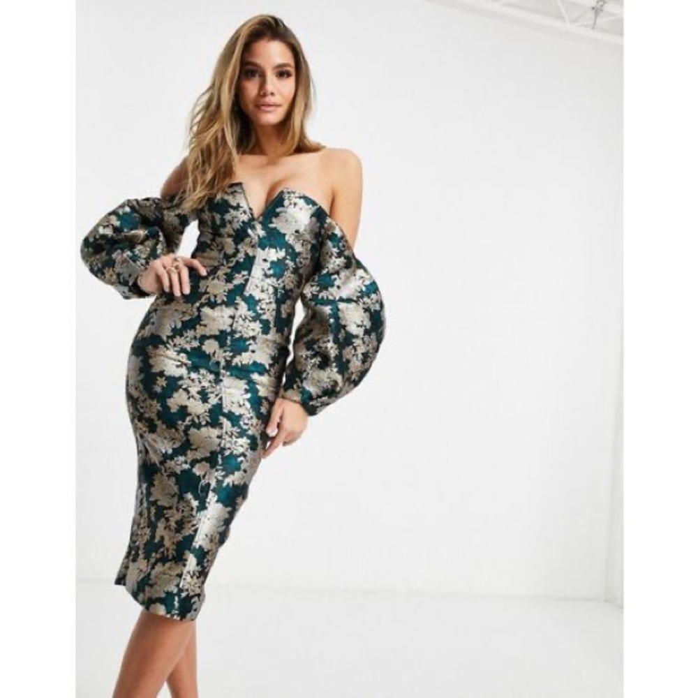 ASOS Design Puff Sleeve Jacquard Midi Dress